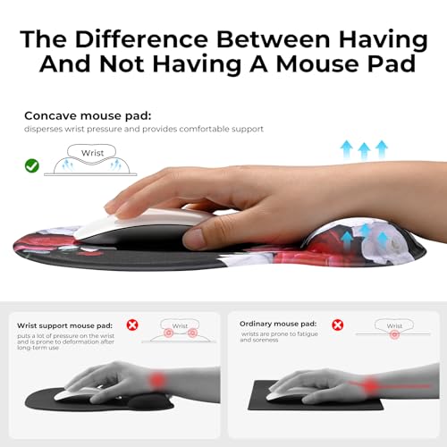 EooCoo Ergonomic Mouse Pad with Gel Wrist Rest Support Middle Concave Design, Relieve Wrist Pain Mousepad, Non-Slip Base for Laptop, Computer, Office Desk Accessories, Carpal Tunnel Syndrome - color: Black Flower