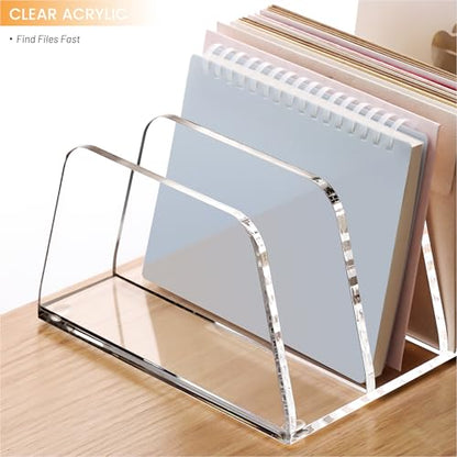 YUXUN Acrylic File Sorter,6.9"x6.6"x3.74",4 Sections Vertical Desk Organizer,Clear Mail Organizer File Holder Stand Rack Desk Accessories for Mail,Envelope,Letter,Notebook for Home/Office/Classroom - style: 4-Section,A5