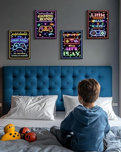 Video Game Decor for Teen Boys Gaming Wall Neon Sign Gamer Room Welcome Little Man Cave Teenage Bedroom Posters Decor Ready to Hang Set of 4, 12x16in (Framed) - size: 16L" x 12W" x 4 Panels