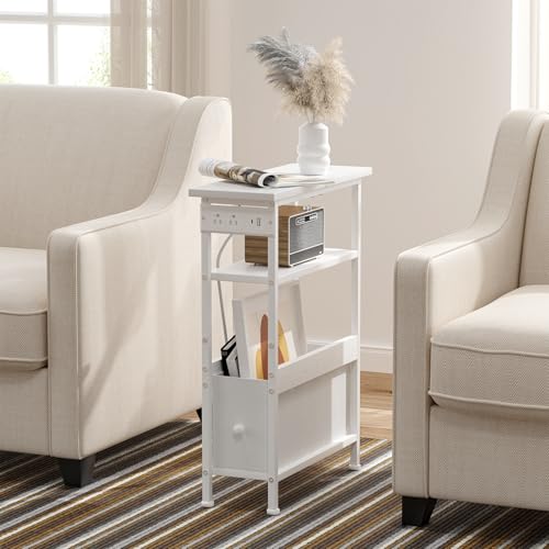 Creso hom Narrow Bedside Table with Charging Station and LED Light, Skinny Nightstand with USB Ports & Type-C, End Table with 1 Fabric Drawer, Slim Side Table for Bedroom, Nursery, Living Room, White - color: White, size: 7"D x 18.7"W x 24.8"H