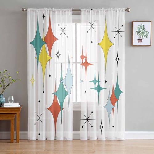 Middle Century Modern Sheer Curtains 84 Inch Length 2 Panels Set for Living Room/Bedroom, Teal Green Yellow Orange Geometric Retro Semi Curtain Sheers Drapes Rod Pocket Curtains Window Treatment Set - color: Midcentury, size: 52"W x 84"L (Pack of 2)