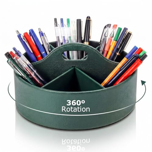 360° Rotating Leather Desk Storage Organizer with 6 Slots and Handle Extra-large Pen Holder Spinning Pencil Storage Lazy Susan Organizer Office Desk Supplies Marker, Art Supply(Green) - color: Green