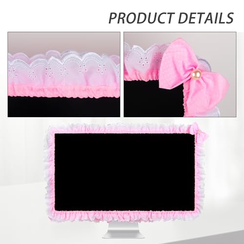 Cute Pink Lace 32"-38" Computer Monitor Screen Dust Cover with Bowknot | Lovely Pink Bow | Lace Trim | Adjustable Elastic Band - color: Pink & White Point