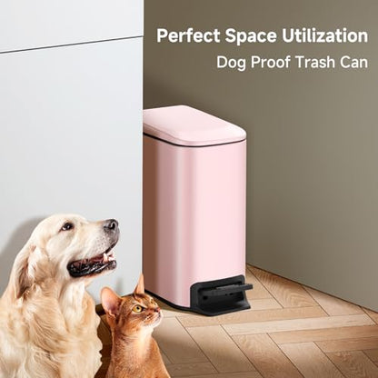 TIPGO Slim Bathroom Trash Can with Lid Soft Close, 6 Liter / 1.6 Gallon Stainless Steel Garbage with Removable Inner Bucket, Small Trash Bins for Bedroom, Office (Pink) - color: Pink