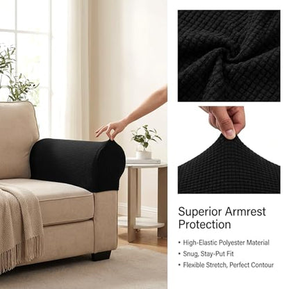 RAINFLOW Stretch Armrest Covers for Sofa - Couch Arm Covers for Recliner, Anti-Slip Furniture Protector for Dogs, Cats, Kids – Soft, Durable, Machine Washable (Black, Set of 2)