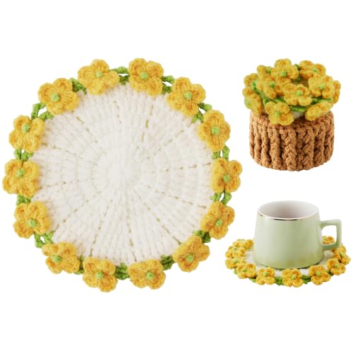 Flower Crochet Coasters, Handmade Bouquet Blanket Coaster with Crochet Plant Pot Fun Soft Decorative Drink Coasters for Coffee Tabletop Protection and Home Decor (Yellow and Green, 1Pc) - color: Yellow and Green, size: 1Pc