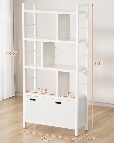 Armocity Bookshelf with Drawers - 5 Tier Tall Bookcase Geometric Modern Book Shelf Display Standing Bookshelves with Storage for Living Room, Bedroom Home Office, White - color: White