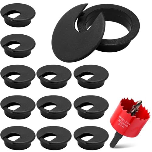 12 Pack 2 Inch Black Desk Grommet, Plastic Cable Hole Cover Computer Table Cord Wire Organizer, Desktop Cord Management for Home Office/TV Stands Tabletops (with Hole Saw) - color: Black, size: 1-1/2 Inch with Hole Saw