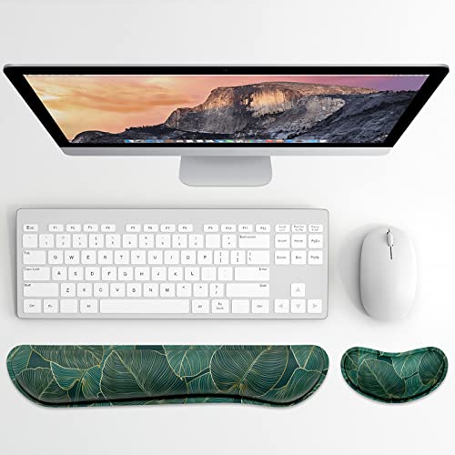 Dapesuom Enlarge Keyboard Wrist Rest, Memory Foam Wrist Cushion for Desk Mats Support, Cute Pain Relief Keyboard Mouse Pad Rests Set with Non-Slip Base for Gaming Laptop Office Computer, Green Leaf - color: Cute Green Leaf
