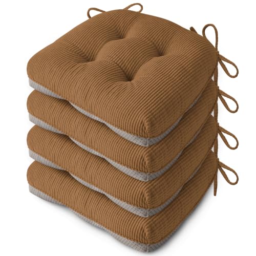Indoor Kitchen Chair Cushions Set of 4 18"X16.5"X3" Soft Anti Slip Dining Chair Pads Tufted Kitchen Seat Cushion with Ties, Khaki - color: Khaki