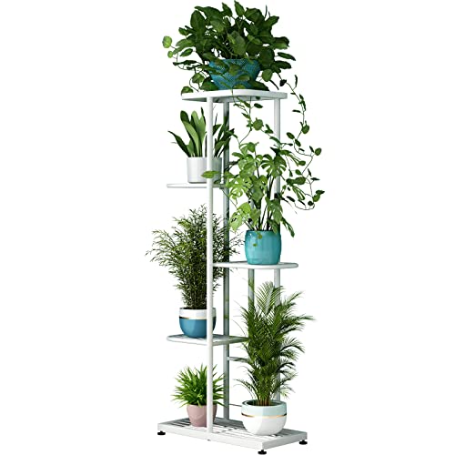 LINZINAR Plant Stand Metal 5 Tier 6 Potted Multiple Flower Pot Holder Shelf Indoor Outdoor Planter Display Shelving Unit for Patio Garden Corner Balcony Living Room (5 Tier 6 Potted, White) - color: White, size: 5 Tier-6 Potted