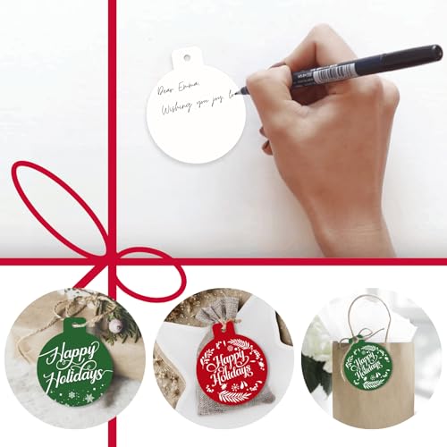 Ornament-Shaped Christmas Gift Tags - 80 Round Holiday Tags with String, 8 Festive Designs - 350gsm Christmas Name Tags for Gifts - style: Ornament