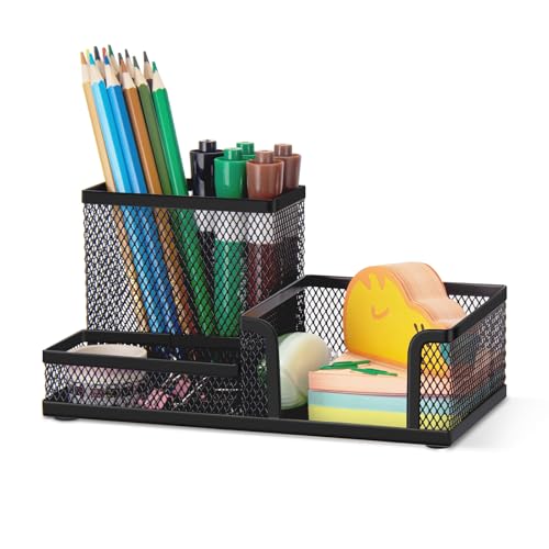 Comix Mesh Pen Pencil Holder Desk Organizer, 3 Compartment Wire Desktop Pen Pencil Cup Caddy Office Supplies Desk Accessories for Home Office School, Black - color: 3 Compartments