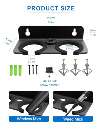Multi Microphone Holder for Handheld Dynamic, Wired and Wireless Mics Storage Hanger, Double Microphone Stand,Rubber Padding/Wall Mounted or Mounted to 5/8"-27 or 3/8"-16 threaded Stands Attachment - size: Black Mic Holder