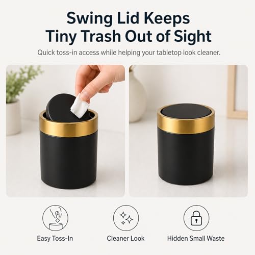 Mini Trash Can with Lid, Small Metal Desktop Trash Bin with Swing Lid, 1.5L / 0.4 Gal Countertop Waste Bin for Desk, Vanity, Bathroom, Coffee Bar and Office, Black - color: Black