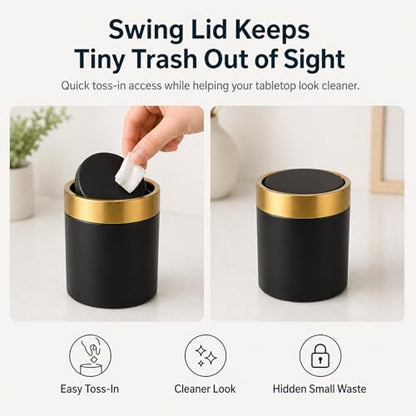 Mini Trash Can with Lid, Small Metal Desktop Trash Bin with Swing Lid, 1.5L / 0.4 Gal Countertop Waste Bin for Desk, Vanity, Bathroom, Coffee Bar and Office, Black - color: Black