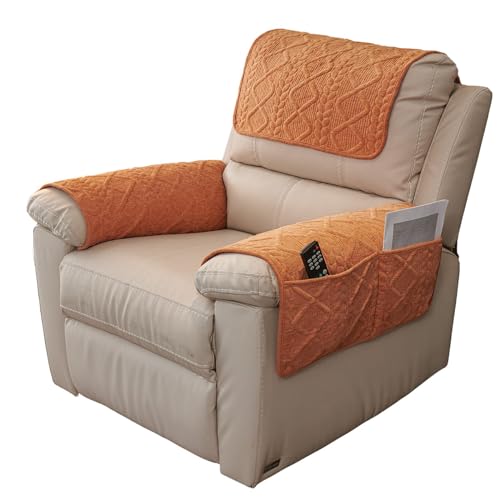 vctops 4 Pieces Chenille Plush Recliner Armrest Cover Headrest Cover with Pockets Soft Fuzzy Non Slip 2 Armchair Slipcovers and 2 Headrest Protector for Recliner Leather Sofa Couch(Orange,2 Seat) - color: Orange, size: 2 Persons Set of 4