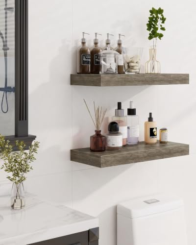 Marsmiles 16" Floating Shelves for Wall, Wooden Shelves with Invisible Brackets Set of 2, Rustic Farmhouse Wall Mounted Shelf for Kitchen Bathroom Living Room Study, Grey - color: Grey, size: 16"
