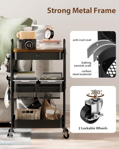 ALVOROG Rolling Cart with Drawer and Wood Table Top, 3 Tier Metal Rolling Utility Cart on Wheels with DIY Pegboards, Hanging Baskets, Hooks for Bedroom,Office,Craft Supplies (Black)