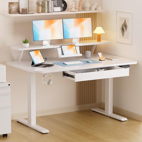 GTPLAYER Electric Standing Desk with Drawers, 48 x 24 Inches Height Adjustable Computer Desk with Monitor Stand, Laptop Stand, Sit Stand up Desk with Memory Preset for Home, Office, White - color: White, size: 48 x 24 Inches