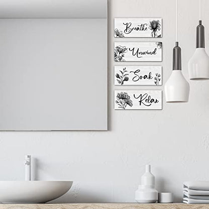 4 Pieces Bathroom Wall Art Rustic Farmhouse Decor Sign Relax Soak Unwind Breathe Wood Hanging Sign for Home Spa Bathroom Laundry Decor