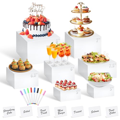 7Pcs White Acrylic Buffet Risers with Mini Sign and Marker, Food Display Risers for Party Catering Dessert Jewelry Collectibles,Acrylic Cube Nesting Boxes with Hollow Bottoms(8" 7.5" 7" 6.8" 6" 5" 5") - color: 8" 7.5" 7" 6.8" 6" 5" 5"