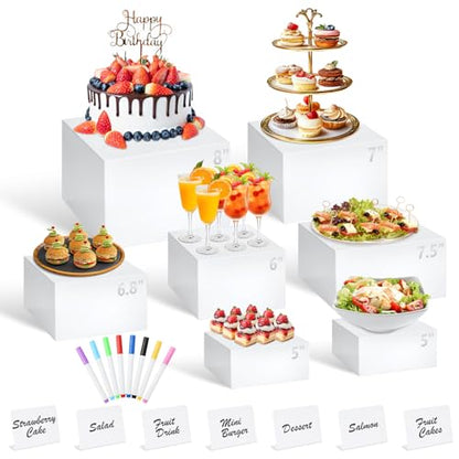 7Pcs White Acrylic Buffet Risers with Mini Sign and Marker, Food Display Risers for Party Catering Dessert Jewelry Collectibles,Acrylic Cube Nesting Boxes with Hollow Bottoms(8" 7.5" 7" 6.8" 6" 5" 5") - color: 8" 7.5" 7" 6.8" 6" 5" 5"