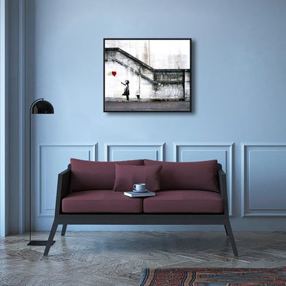Wieco Art Framed Canvas Wall Art Giclee Canvas Prints of Banksy Grafitti Girl with Red Balloon Abstract Artwork for Wall Decor Home Decorations Black Frame - size: 24"L x 20"W