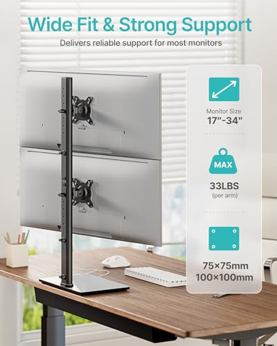 Pegzone Vertical Dual Monitor Stand for 17–34 Inch Screens, Stacked Monitor Mount, Holds up to 33 lbs per Arm, Tabletop Screens Riser with Full Motion, 33.3" Pole 12 Height Settings, 75/100 VESA