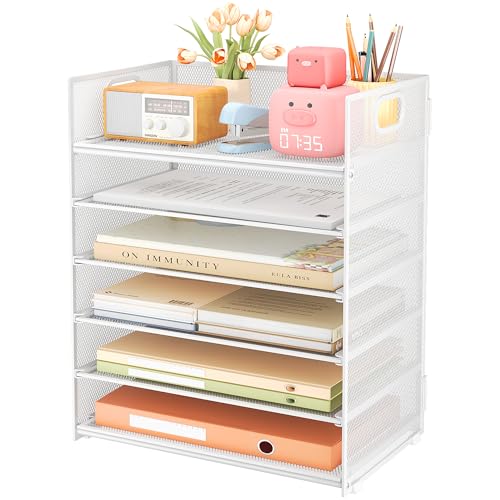Subekyu 6 Tier Paper Organizer for Desk with Handle, Metal Mesh Desk Office File Folder Paper Letter Tray Accessories Organizer Sorter for Home, School, Office Desktop Document Organization - White - color: White