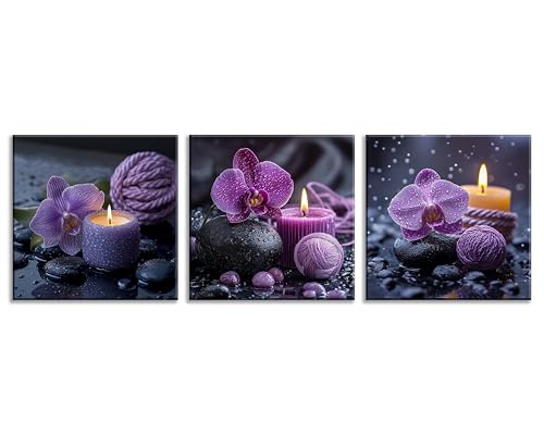 NAN Wind 3PCS Purple Orchid Candle Canvas Wall Art Zen Spa Decor Black Stones Water Droplets Relaxing Purple Aesthetic Tranquil Meditation Artwork for Bedrooms Living Rooms Bathrooms Wellness Spaces - color: Purple Orchid Candle, size: 16X16inchX3pcs