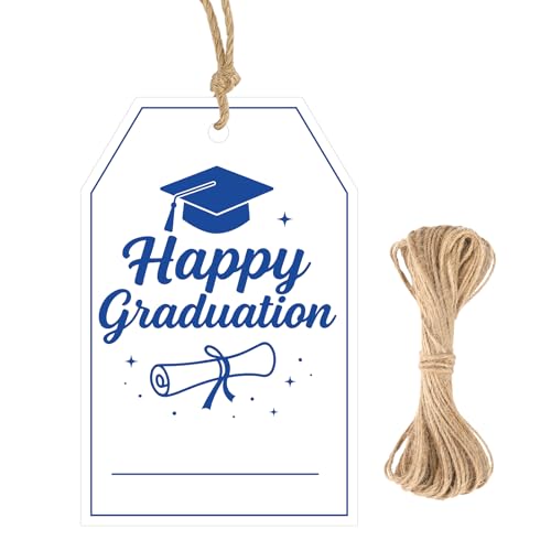 G2PLUS Happy Graduation Tags - Blue Graduation Gift Tags with String, Class of 2026 Paper Hang Labels for Congrats Grad Party Favors - style: Happy Graduation - Blue