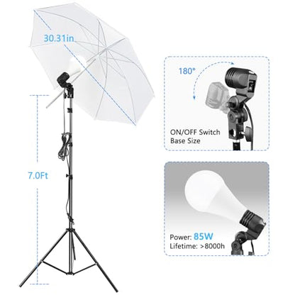 Photography Background Stand Support System with Muslin Backdrop (Chromakey Green Screen kit) 85W 5500K LED Bulb with Umbrella Lighting Kit for Photo Studio Product, Portrait and Video Shoot