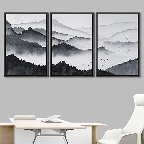 NWT Framed Canvas Print Wall Art Set Pastel Watercolor Misty Mountain Forest Nature Wilderness Illustrations Modern Art Decorative Landscape Rustic for Living Room, Bedroom, Office - 16"x24"x3 Black - color: A002-2206-yuk21, size: 16" x 24" x 3 Panels BLA