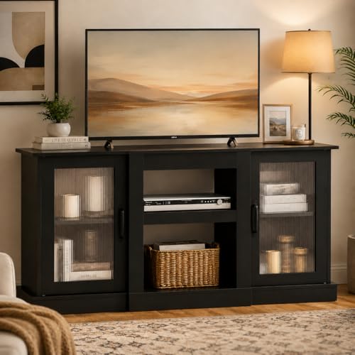 WLIVE 58" Farmhouse TV Stand for 65/60/55 Inch TVs, Tall Entertainment Center with Storage Cabinets & Adjustable Shelves, Modern Media Console Table with Acrylic Doors for Living Room Bedroom, Black - color: Black, size: 58'' Farmhouse TV Stand