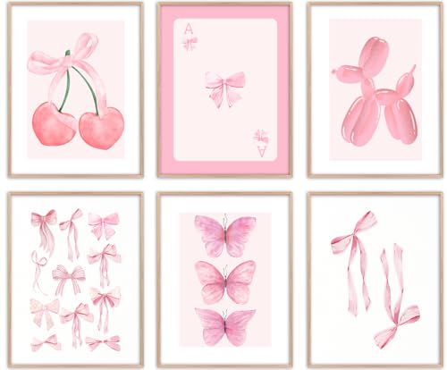 Kizbok Pink Coquette Room Decor, Trendy Pink Bows Wall Art for Girl Room Decor, Cute Coquette Wall Decor, Coquette Posters, Pink Room Decor Preppy Room Decor Aesthetic, Coquette Bow Prints Ball Cherry Bow Room Decor for College Dorm Apartment Decor -8x10i