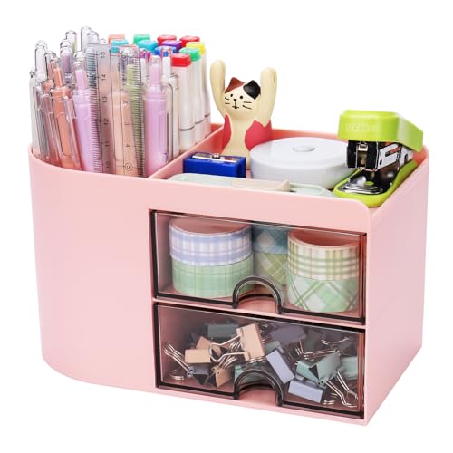 Meiikun Desk Organizer with Drawer, Pen Organizer for Desk, Small Pencil Holder, Desk Organizers and Accessories for Office Home Storage (2 Drawers+4 Compartments, Pink) - color: 4 Compartments + 2 Drawer (Pink)