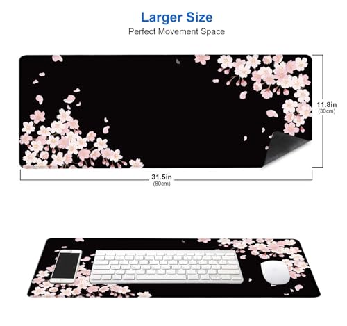 IMAYONDIA Sakura Japanese Desk Mat, Cherry Blossom Large Gaming Mouse Pad, Black Elegant Floral Mousepad for Women, Minimalistic Flower Aesthetic Desk Pad for Work, Game, Office, 31.5x11.8 - color: Sakura Aesthetic