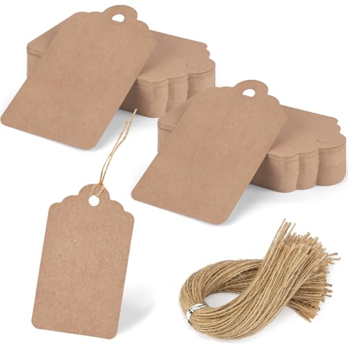 SallyFashion 120PCS Gift Tags with String Attached, 1.6 x 2.8 inch Kraft Paper Hang Tags for Clothes DIY Crafts Wedding Holiday (Brown) - color: Brown