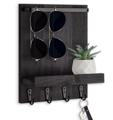Key Holder Wall Mount, Key Holder for Wall with 4 Hooks, Farmhouse Key Hanger Holds Dog Leash, Sunglasses – Decorative Mail Organizer Home Decor (Black) - color: Black