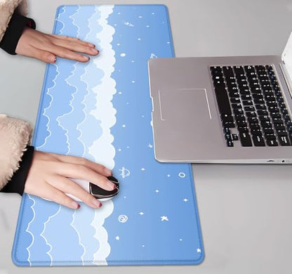 IMAYONDIA Cute Pastel Blue Desk Mat, Aesthetic Stars Moon Desk Pad, Kawaii Anime Deskmat, Gradient White Clouds Computer Pad, Minimalist Large Gaming Mouse Pad Mousepad, 31.5 X 11.8 Inch - color: Blue Gradient Clouds