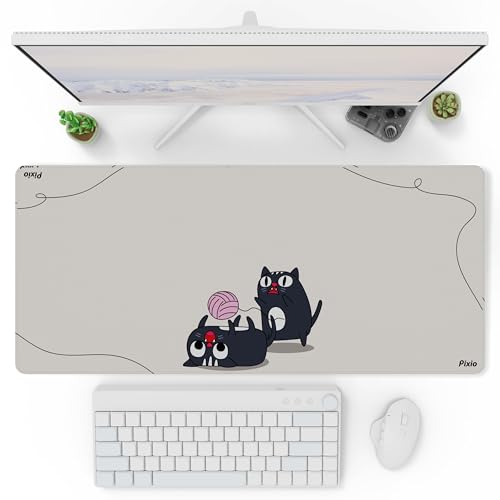 Pixio Mouse Pads - 36 x 16 inch XXL Playful Cats (Center) Beige Multifunctional Large Desk Mats for Gaming, Office, Desktop Anti-Slip Waterproof Washable Computer Mouse Mat - color: Beige Playful Cats (Center)