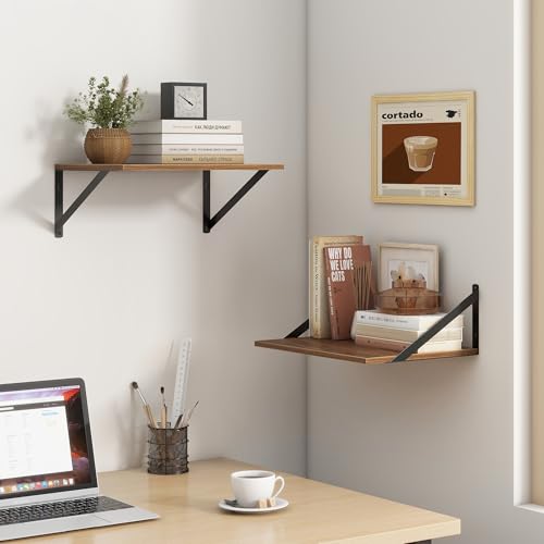 Walnut Floating Shelves Set of 2 - 16"W x 12"D Wide Display Ledges for Bedroom, Bathroom - 12 Deep Bookshelf Wall Mounted - color: Walnut, size: 16"W x 12"D