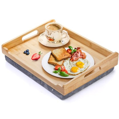 TOPZEA Bamboo Lap Tray with Detachable Cushion, 16.5"x 12.5" Bed Trays TV Lap Desk, Breakfast Meal Serving Tray with Handle for Adults Eating in Recliner, Couch, Car, Fits for 13-14 Inch Laptops