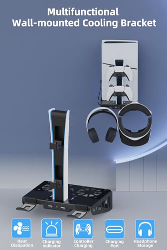 PS5/PS5 Slim/ PS5 Pro Wall Mount, Accessories Kit with Cooling Fan & Charging Station, Shelf Floating Mount for PS5/PS5 Slim/ PS5 Pro Disc & Digital Console, Behind TV Wall Bracket