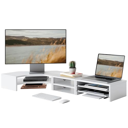 Fenge Dual Monitor Stand, Corner Monitor shelf with Drawer and Slide-Out Tray, 2 Tier Triangle Monitor Riser with Storage, Desk Shelf Organizer for Desk, Home Office, Computer, Laptop, Printer - color: White