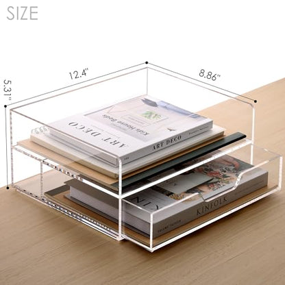 SANRUI 2-Tier Paper Letter Tray Organizer with Sliding Drawer,Stackable Desk Organizer,Acrylic Paper Tray for Office,Home or School,Clear - style: 2 Tier Horizontal File Tray with Drawer