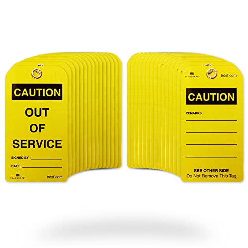 TRADESAFE Caution Out of Service Tags - 30 Yellow Caution Signs with 30 Cable Ties, Durable 32 mil Vinyl, Caution Tags for Equipment Repair or Service, Accident Prevention - style: English