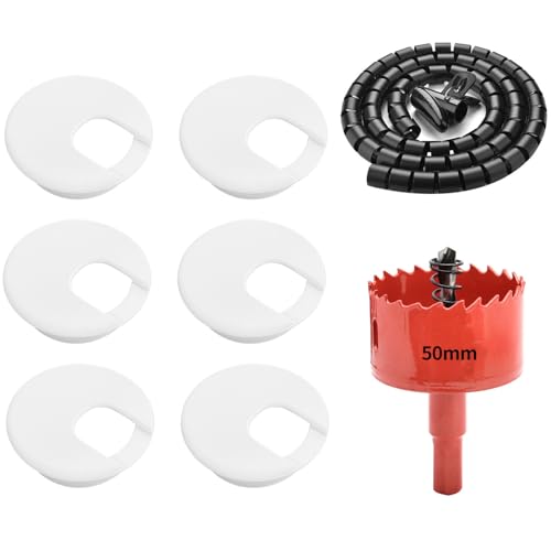 Surf turtle 6 Pack 2 Inch (50mm) White Desk Grommets, Flexible Cable Cord Hole Cover with Bi-Metal Hole Saw Kit, 2m Cable Sleeve and Coiled Cord Wrap for Desk Table Wire Management - color: White-U Set, size: 50mm