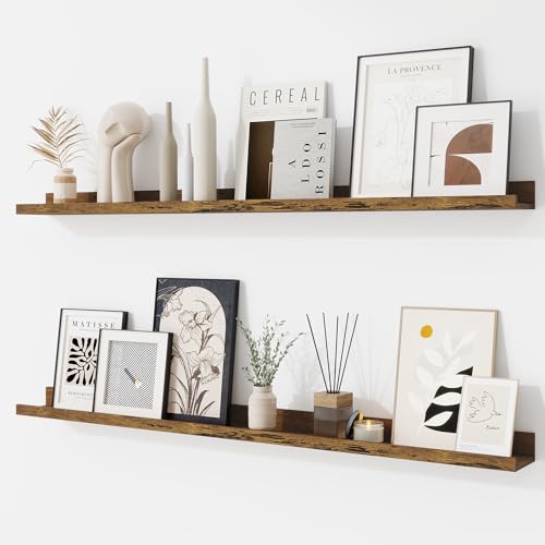 RICHFOCUS Picture Ledge Shelf, 40 inch Floating Shelves Set of 2, Wood Wall Shelves with Lip, Wall Decor Storage for Bedroom Living Room Bathroom Kitchen Nursery Photo Picture, Rustic Brown - color: Rustic Brown, size: 40 Inch, set of 2